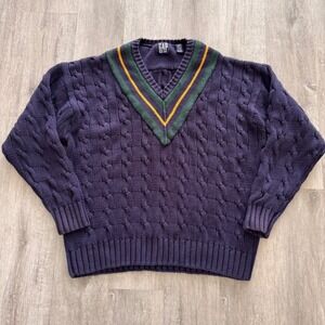 Gap Vintage Mens Cable Knit Cricket Sweater Navy Blue Green Yellow V-Neck Medium